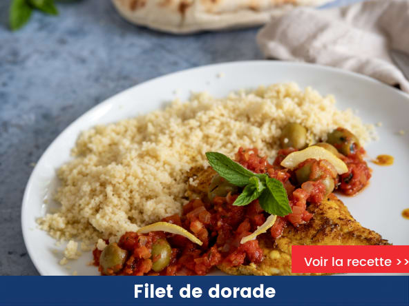 Filet de dorade aux tomates, citrons confits et olives
